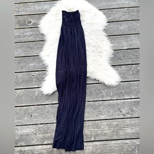 Navy Blue Ruched Soft Strapless Maxi Dress
